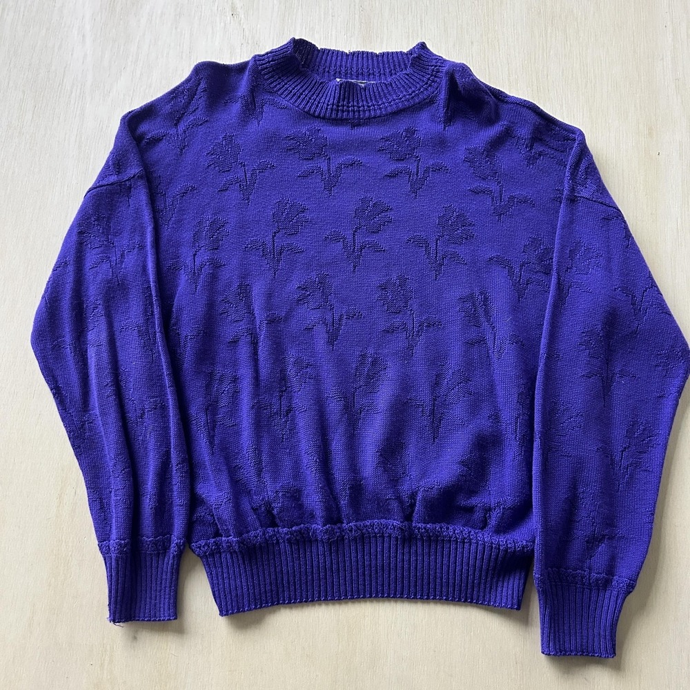 Vintage Kenneth Too! Sweater Womens Large Purple Mock Neck Floral‎ Knit Pullover